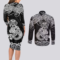 Te Reo Maori Tiki Inspired Art Couples Matching Long Sleeve Bodycon Dress and Long Sleeve Button Shirt