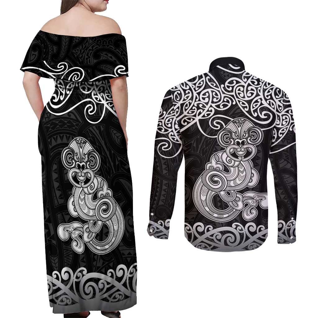 Te Reo Maori Tiki Inspired Art Couples Matching Off Shoulder Maxi Dress and Long Sleeve Button Shirt