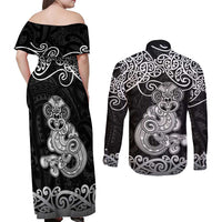 Te Reo Maori Tiki Inspired Art Couples Matching Off Shoulder Maxi Dress and Long Sleeve Button Shirt