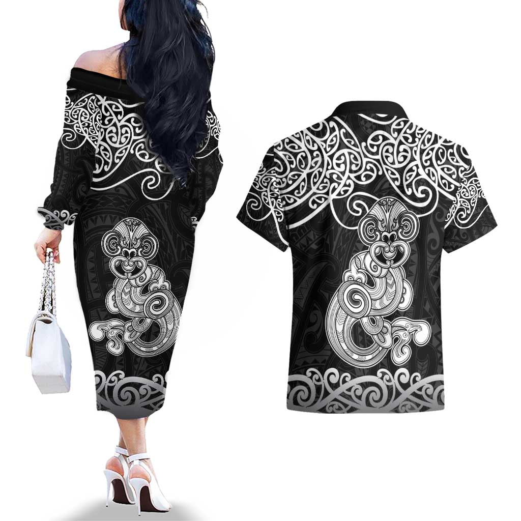 Te Reo Maori Tiki Inspired Art Couples Matching Off The Shoulder Long Sleeve Dress and Hawaiian Shirt