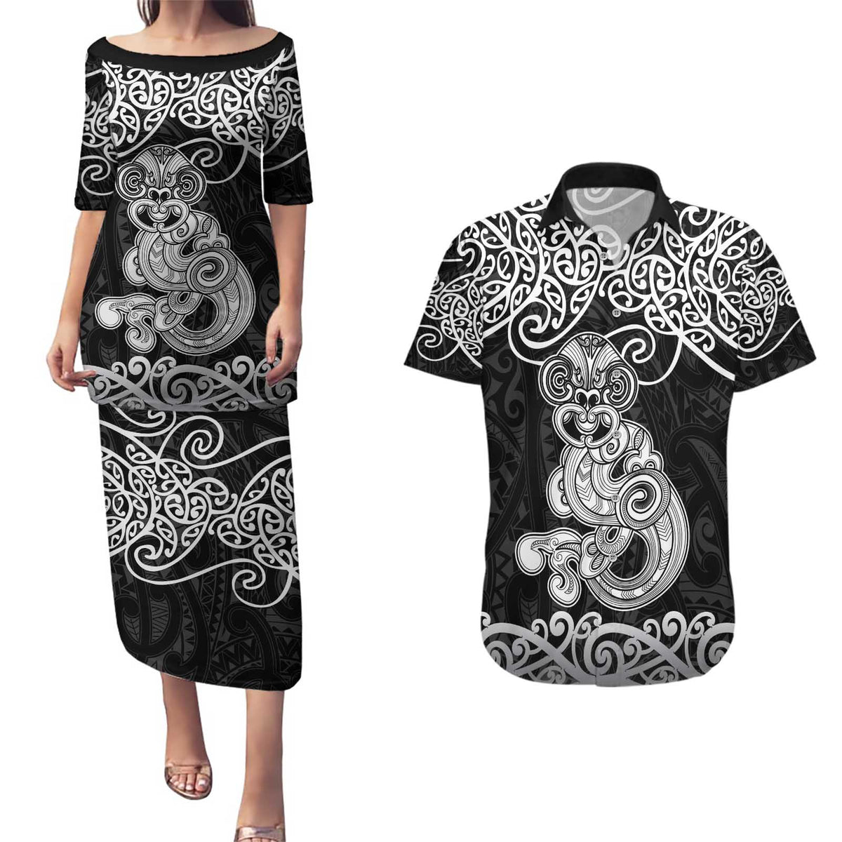 Te Reo Maori Tiki Inspired Art Couples Matching Puletasi and Hawaiian Shirt