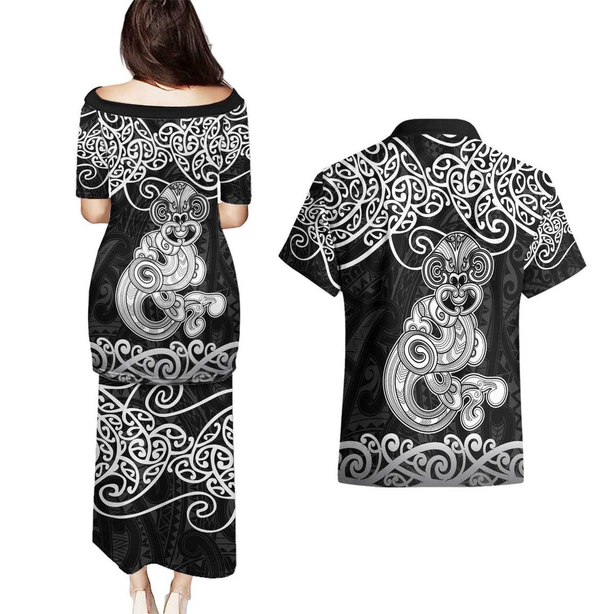 Te Reo Maori Tiki Inspired Art Couples Matching Puletasi and Hawaiian Shirt