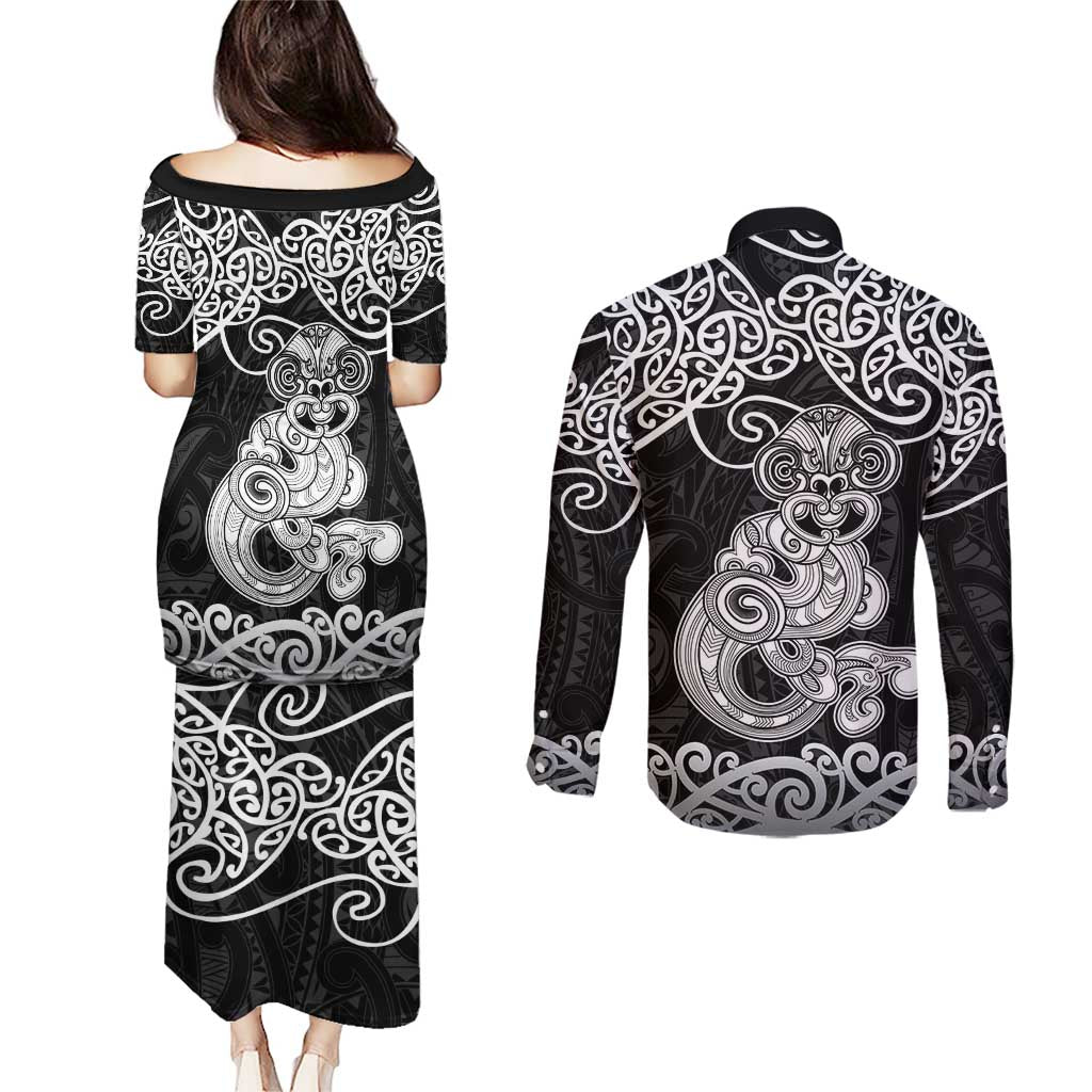 Te Reo Maori Tiki Inspired Art Couples Matching Puletasi and Long Sleeve Button Shirt