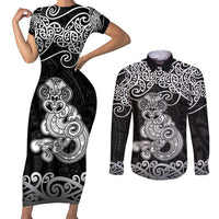 Te Reo Maori Tiki Inspired Art Couples Matching Short Sleeve Bodycon Dress and Long Sleeve Button Shirt