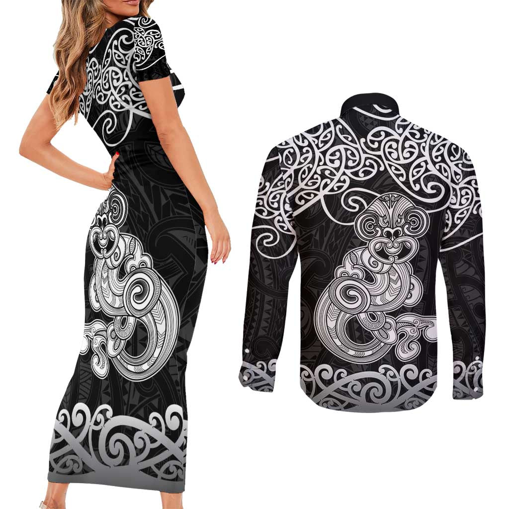 Te Reo Maori Tiki Inspired Art Couples Matching Short Sleeve Bodycon Dress and Long Sleeve Button Shirt