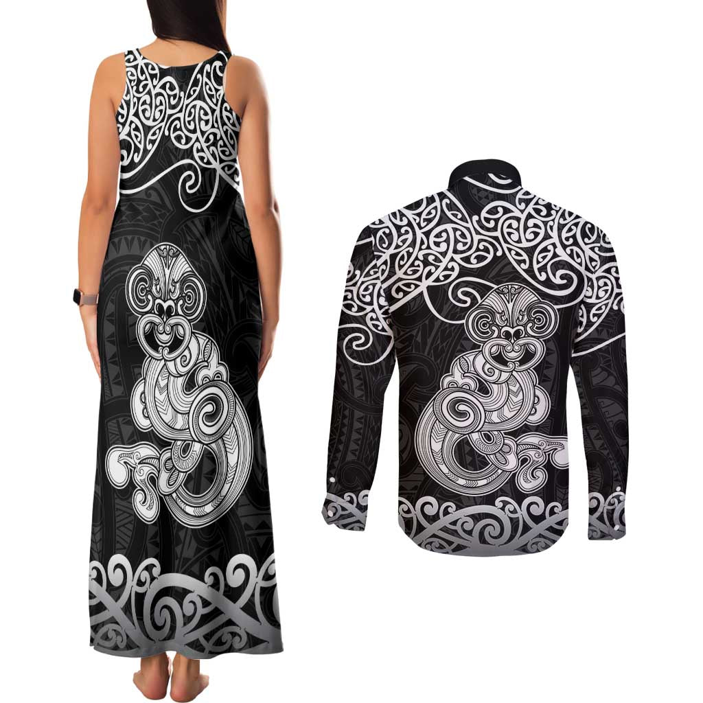 Te Reo Maori Tiki Inspired Art Couples Matching Tank Maxi Dress and Long Sleeve Button Shirt