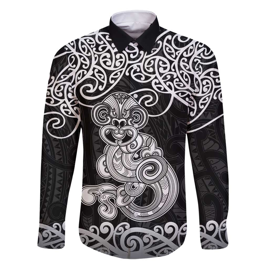 Te Reo Maori Tiki Inspired Art Family Matching Off Shoulder Short Dress and Hawaiian Shirt LT9 Dad's Shirt - Long Sleeve Black - Polynesian Pride