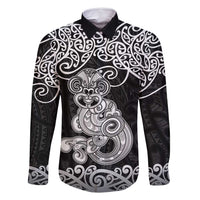 Te Reo Maori Tiki Inspired Art Family Matching Tank Maxi Dress and Hawaiian Shirt LT9 Dad's Shirt - Long Sleeve Black - Polynesian Pride