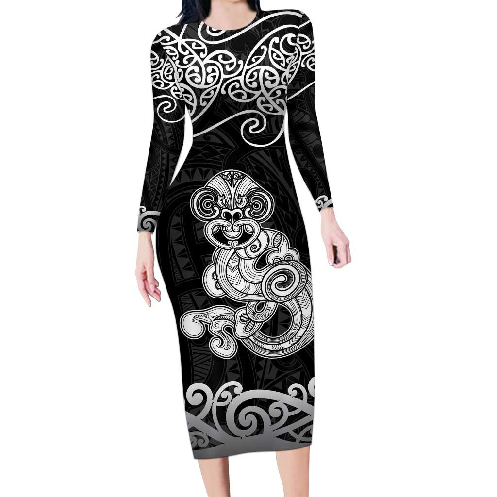 Te Reo Maori Tiki Inspired Art Long Sleeve Bodycon Dress LT9 Long Dress Black - Polynesian Pride