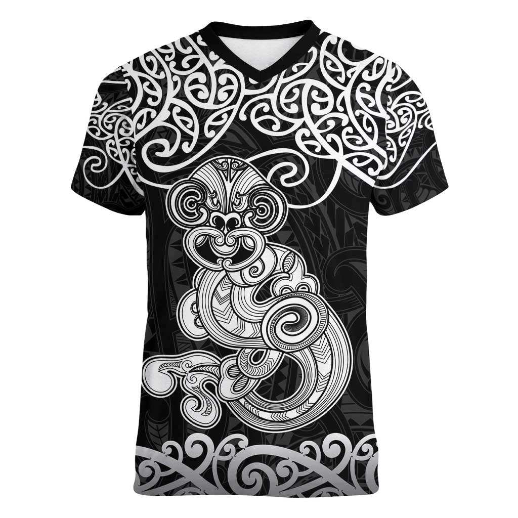 Te Reo Maori Tiki Inspired Art Women V-Neck T-Shirt LT9 Female Black - Polynesian Pride
