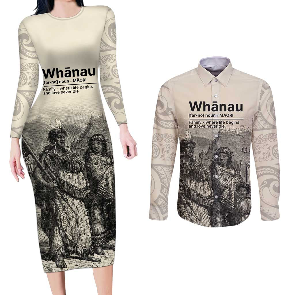 Whanau Maori Language Couples Matching Long Sleeve Bodycon Dress and Long Sleeve Button Shirt Te Reo Maori Inspired Art