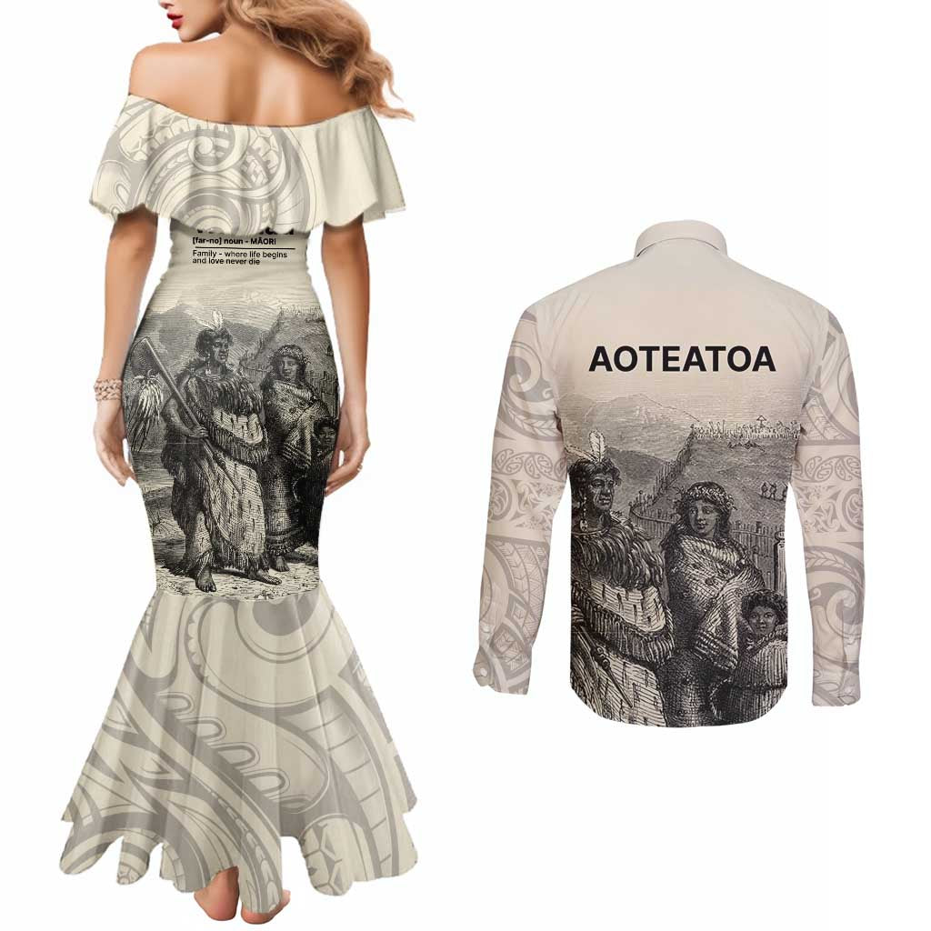 Whanau Maori Language Couples Matching Mermaid Dress and Long Sleeve Button Shirt Te Reo Maori Inspired Art