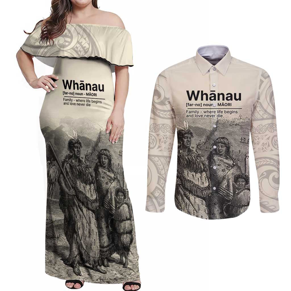 Whanau Maori Language Couples Matching Off Shoulder Maxi Dress and Long Sleeve Button Shirt Te Reo Maori Inspired Art LT9 Nude - Polynesian Pride