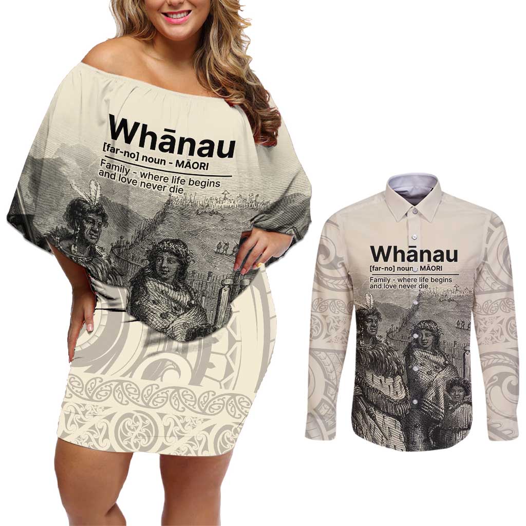 Whanau Maori Language Couples Matching Off Shoulder Short Dress and Long Sleeve Button Shirt Te Reo Maori Inspired Art LT9 Nude - Polynesian Pride