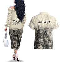 Whanau Maori Language Couples Matching Off The Shoulder Long Sleeve Dress and Hawaiian Shirt Te Reo Maori Inspired Art