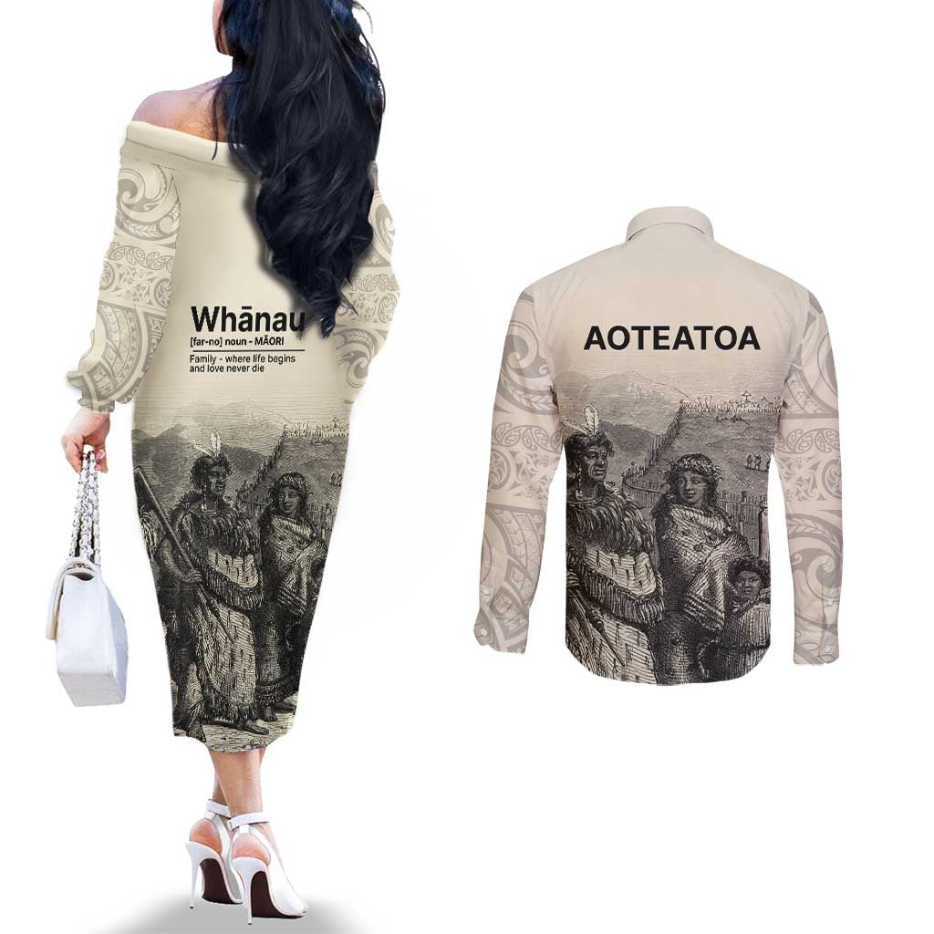 Whanau Maori Language Couples Matching Off The Shoulder Long Sleeve Dress and Long Sleeve Button Shirt Te Reo Maori Inspired Art