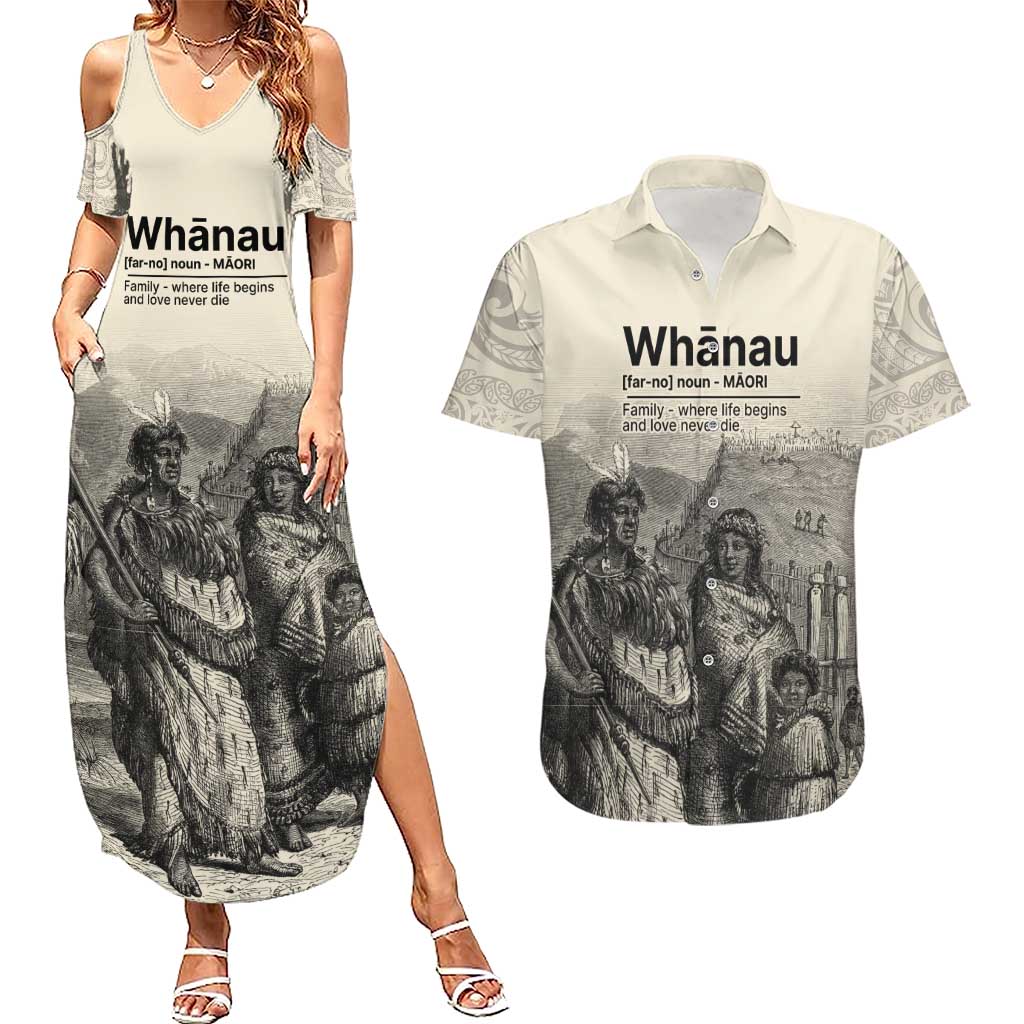 Whanau Maori Language Couples Matching Summer Maxi Dress and Hawaiian Shirt Te Reo Maori Inspired Art