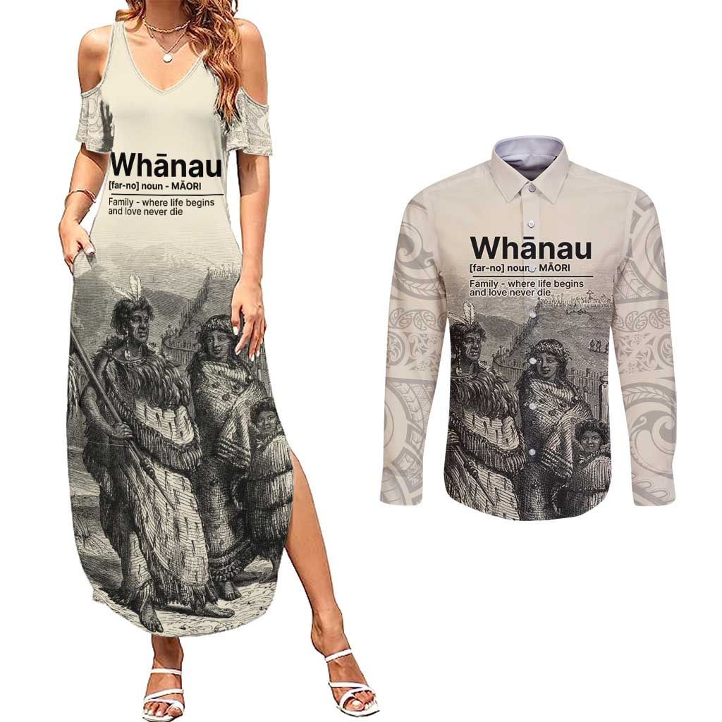 Whanau Maori Language Couples Matching Summer Maxi Dress and Long Sleeve Button Shirt Te Reo Maori Inspired Art LT9 Nude - Polynesian Pride