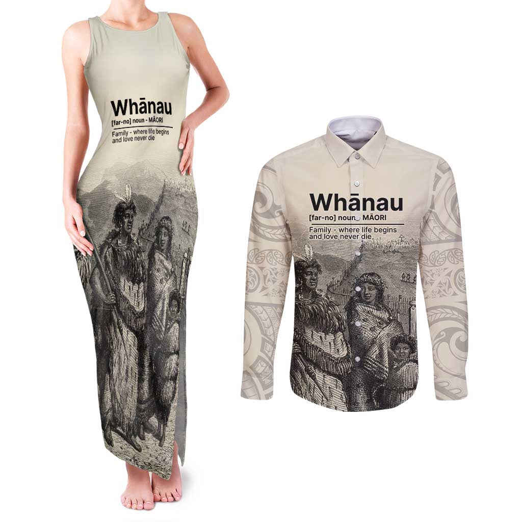 Whanau Maori Language Couples Matching Tank Maxi Dress and Long Sleeve Button Shirt Te Reo Maori Inspired Art LT9 Nude - Polynesian Pride