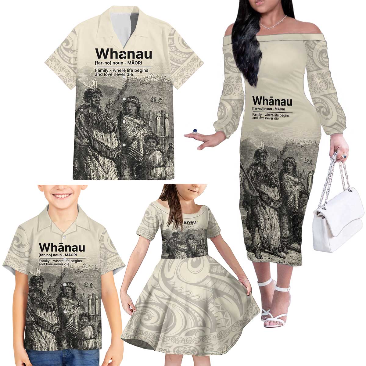 Whanau Maori Language Family Matching Off The Shoulder Long Sleeve Dress and Hawaiian Shirt Te Reo Maori Inspired Art LT9 - Polynesian Pride