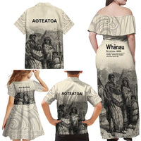 Whanau Maori Language Family Matching Off Shoulder Maxi Dress and Hawaiian Shirt Te Reo Maori Inspired Art