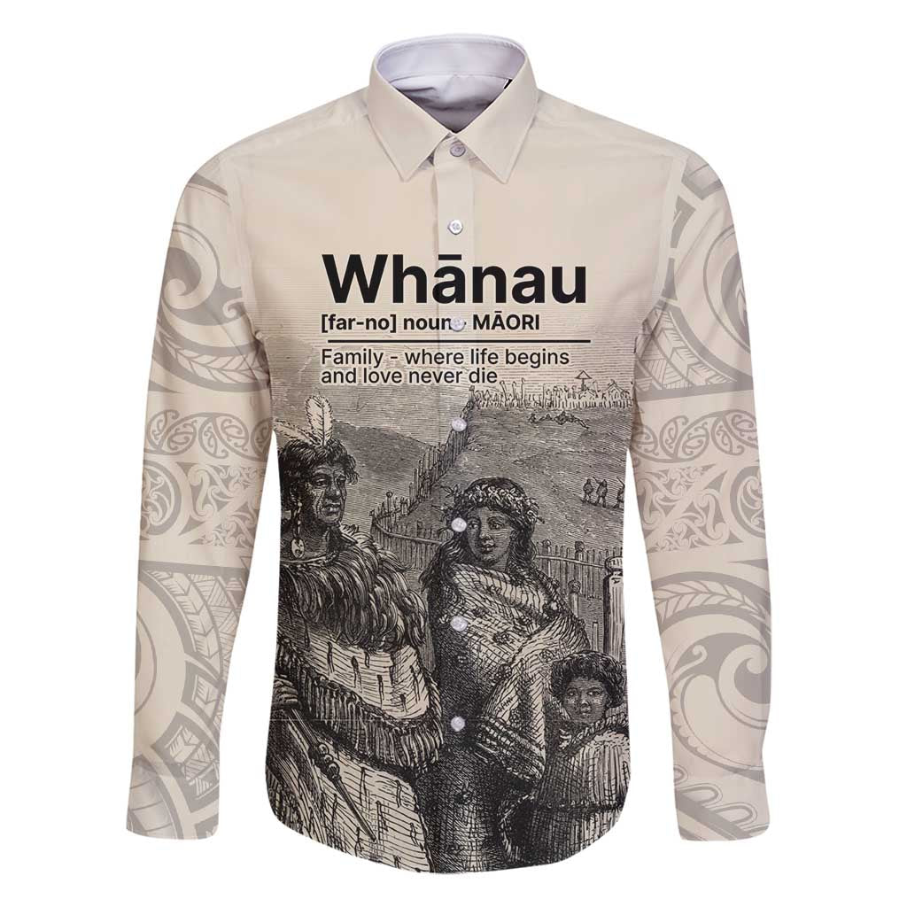 Whanau Maori Language Family Matching Tank Maxi Dress and Hawaiian Shirt Te Reo Maori Inspired Art LT9 Dad's Shirt - Long Sleeve Nude - Polynesian Pride