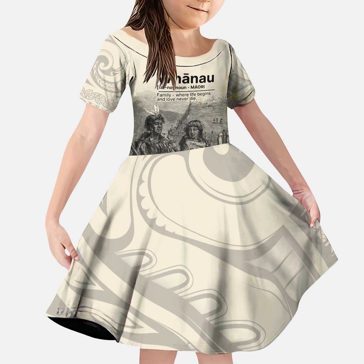 Whanau Maori Language Kid Short Sleeve Dress Te Reo Maori Inspired Art LT9 KID Nude - Polynesian Pride