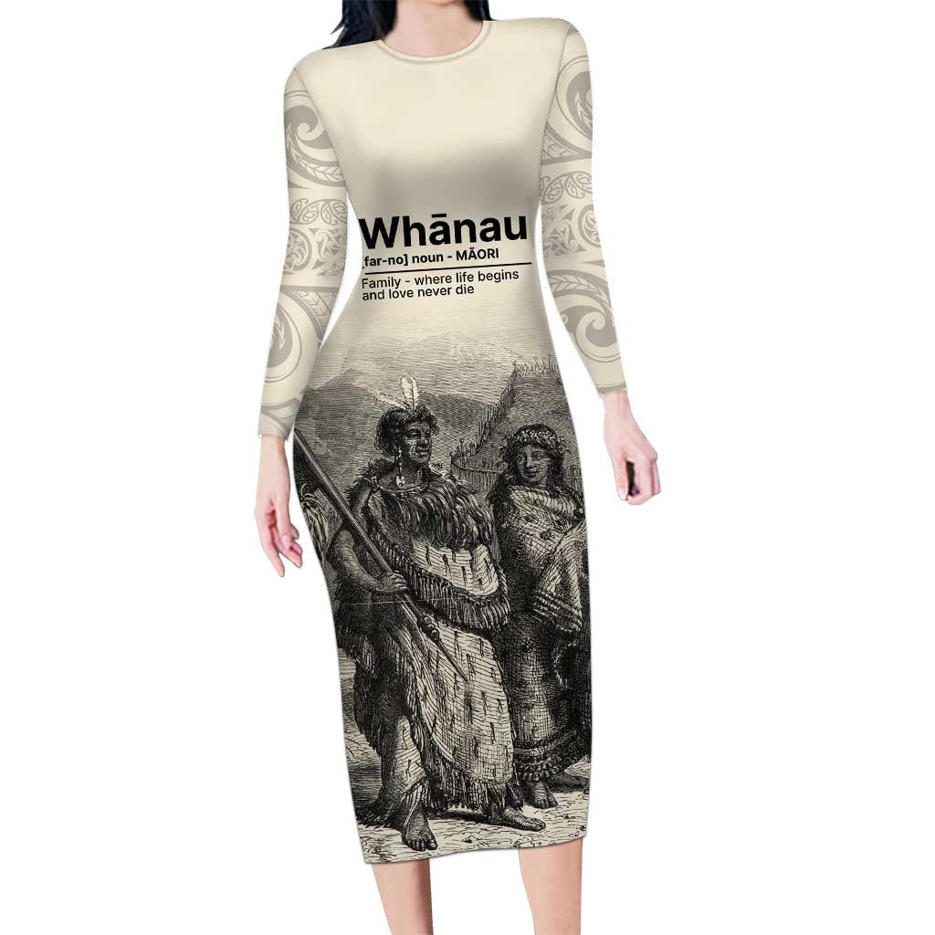 Whanau Maori Language Long Sleeve Bodycon Dress Te Reo Maori Inspired Art LT9 Long Dress Nude - Polynesian Pride