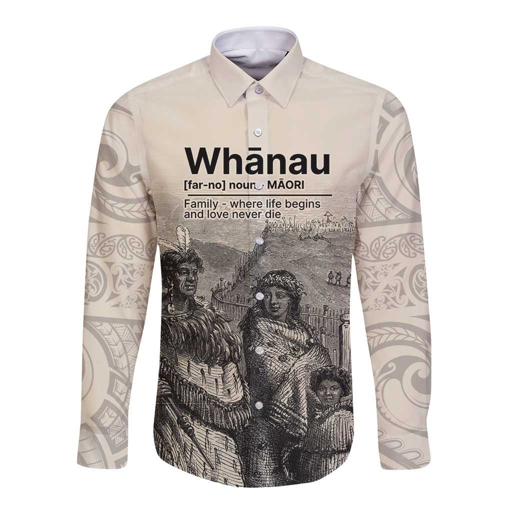Whanau Maori Language Long Sleeve Button Shirt Te Reo Maori Inspired Art LT9 Unisex Nude - Polynesian Pride