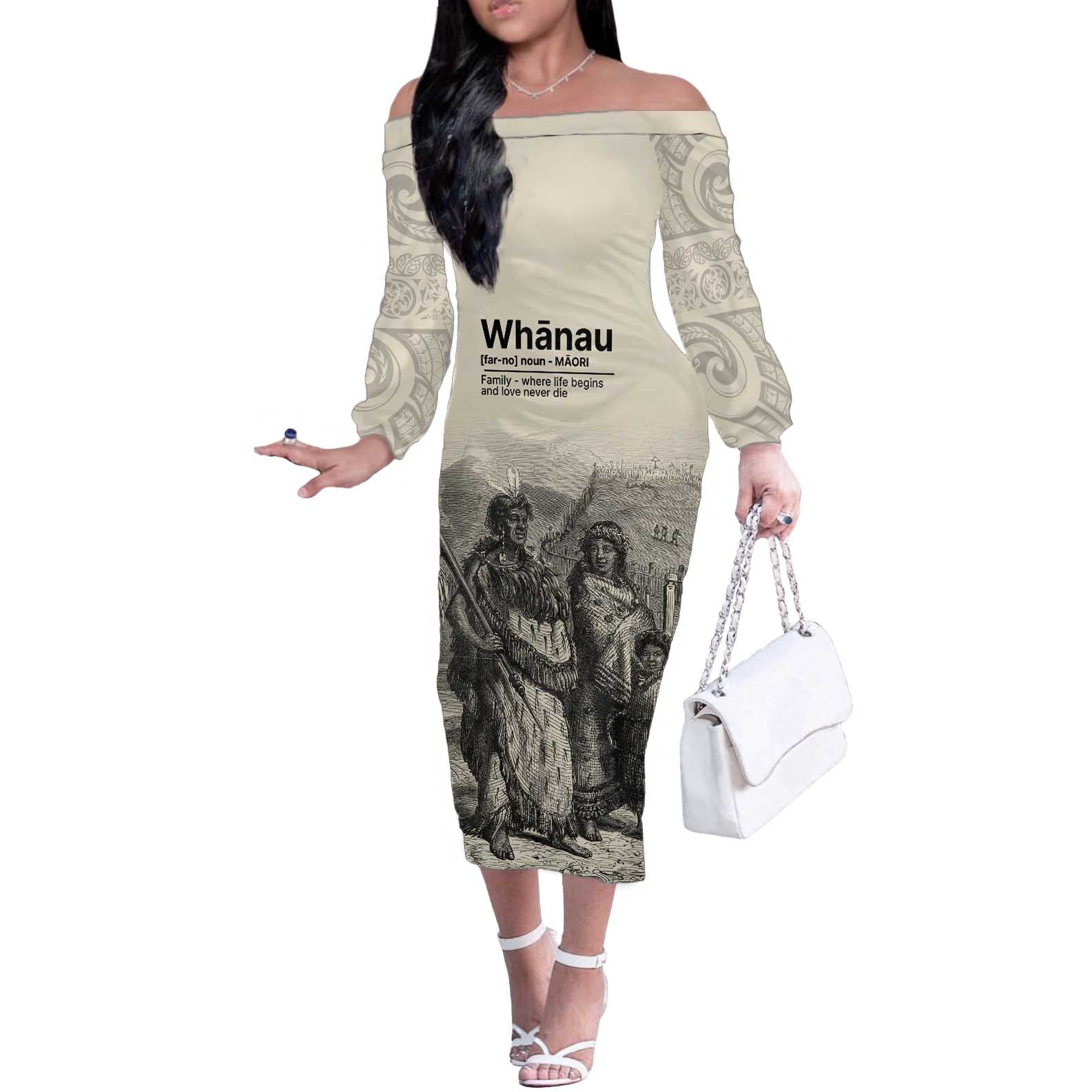 Whanau Maori Language Off The Shoulder Long Sleeve Dress Te Reo Maori Inspired Art LT9 Women Nude - Polynesian Pride