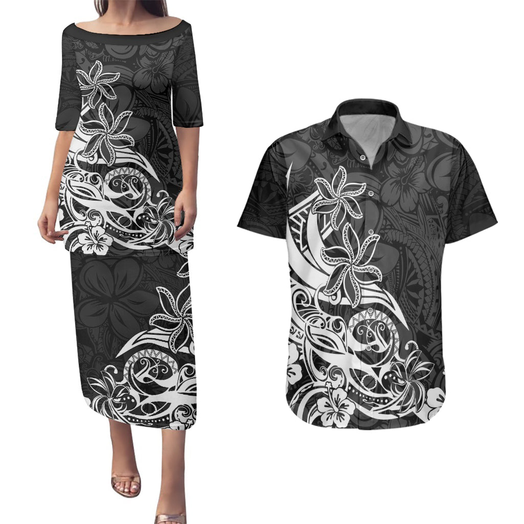 Polynesian Sunset Plumeria Couples Matching Puletasi Dress and Hawaiian Shirt Pacific Island Tribal Black Style LT9 Black - Polynesian Pride