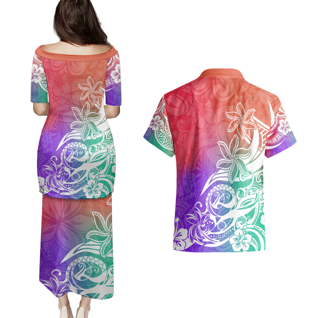 Polynesian Sunset Plumeria Couples Matching Puletasi Dress and Hawaiian Shirt Pacific Island Tribal Blossom Style LT9 - Polynesian Pride