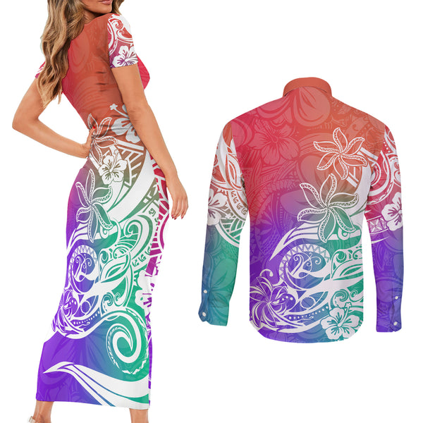 Polynesian Sunset Plumeria Couples Matching Off Shoulder Short Dress and Hawaiian Shirt Pacific Island Tribal Nude Style LT9 main image 1