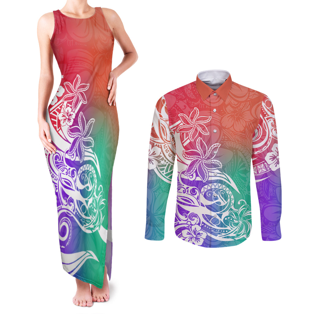 Polynesian Sunset Plumeria Couples Matching Tank Maxi Dress and Long Sleeve Button Shirts Pacific Island Tribal Blossom Style LT9 Blossom - Polynesian Pride