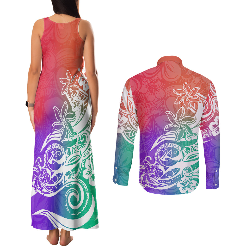 Polynesian Sunset Plumeria Couples Matching Tank Maxi Dress and Long Sleeve Button Shirts Pacific Island Tribal Blossom Style LT9 - Polynesian Pride