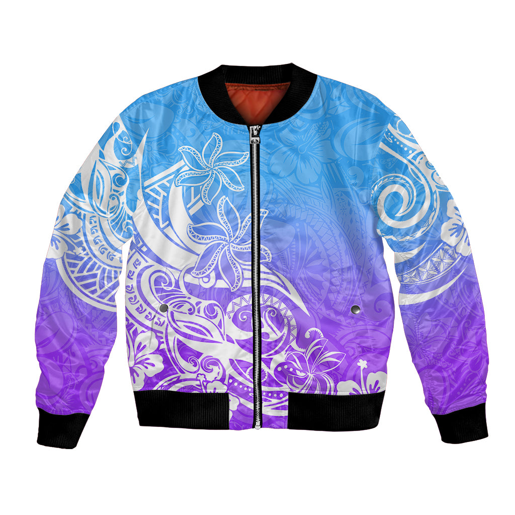 Polynesian Sunset Plumeria Bomber Jacket Pacific Island Tribal Blue Style LT9 Unisex Blue - Polynesian Pride