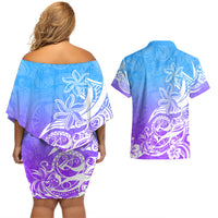 Polynesian Sunset Plumeria Couples Matching Off Shoulder Short Dress and Hawaiian Shirt Pacific Island Tribal Blue Style LT9 - Polynesian Pride