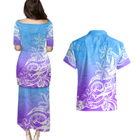Polynesian Sunset Plumeria Couples Matching Puletasi Dress and Hawaiian Shirt Pacific Island Tribal Blue Style LT9 - Polynesian Pride