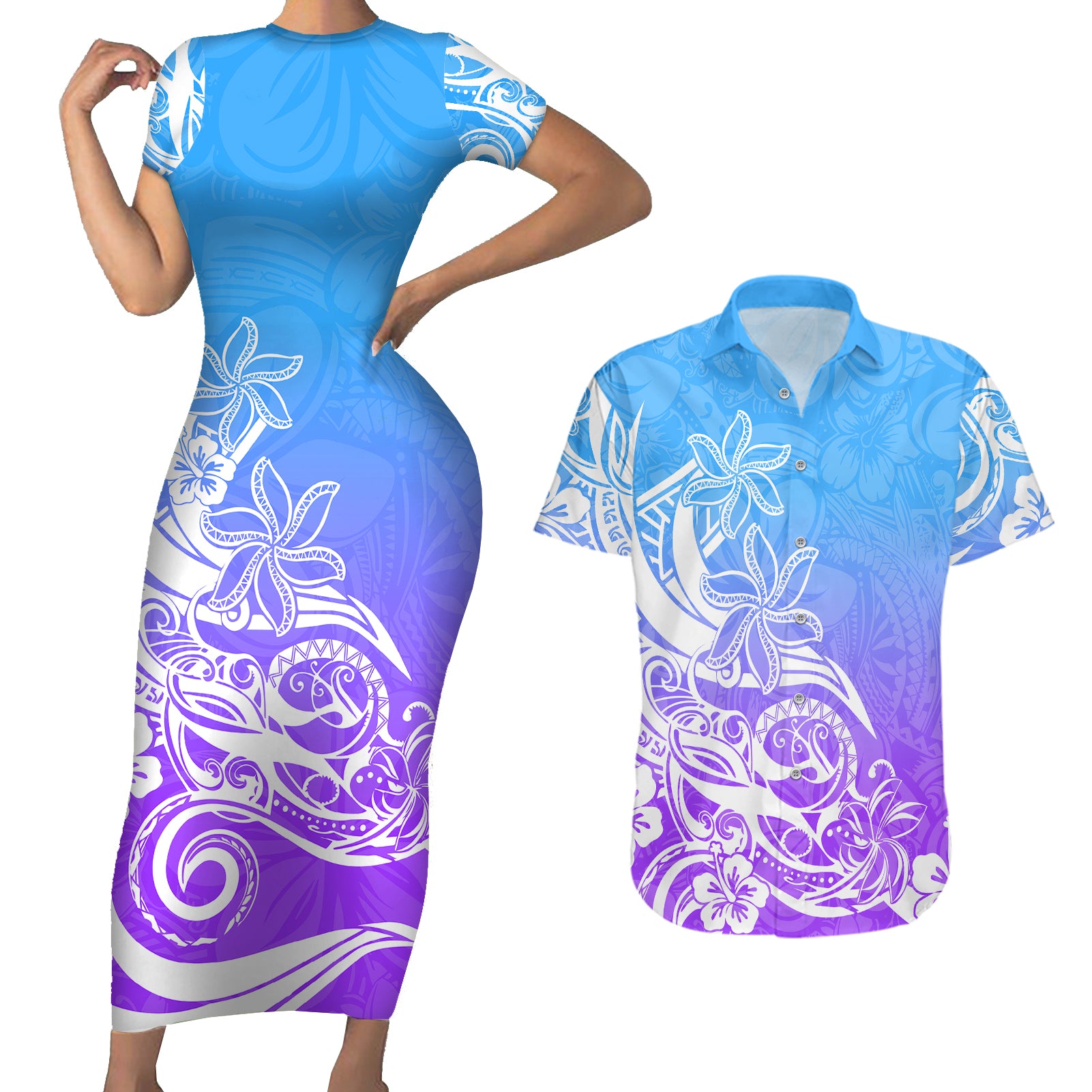 Polynesian Sunset Plumeria Couples Matching Short Sleeve Bodycon Dress and Hawaiian Shirt Pacific Island Tribal Blue Style LT9 Blue - Polynesian Pride