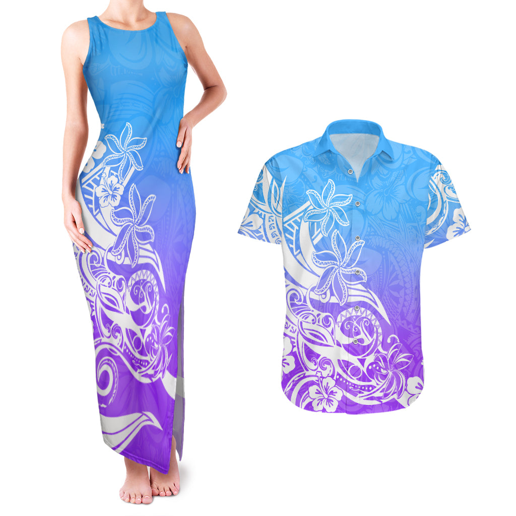 Polynesian Sunset Plumeria Couples Matching Tank Maxi Dress and Hawaiian Shirt Pacific Island Tribal Blue Style LT9 Blue - Polynesian Pride