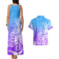 Polynesian Sunset Plumeria Couples Matching Tank Maxi Dress and Hawaiian Shirt Pacific Island Tribal Blue Style LT9 - Polynesian Pride