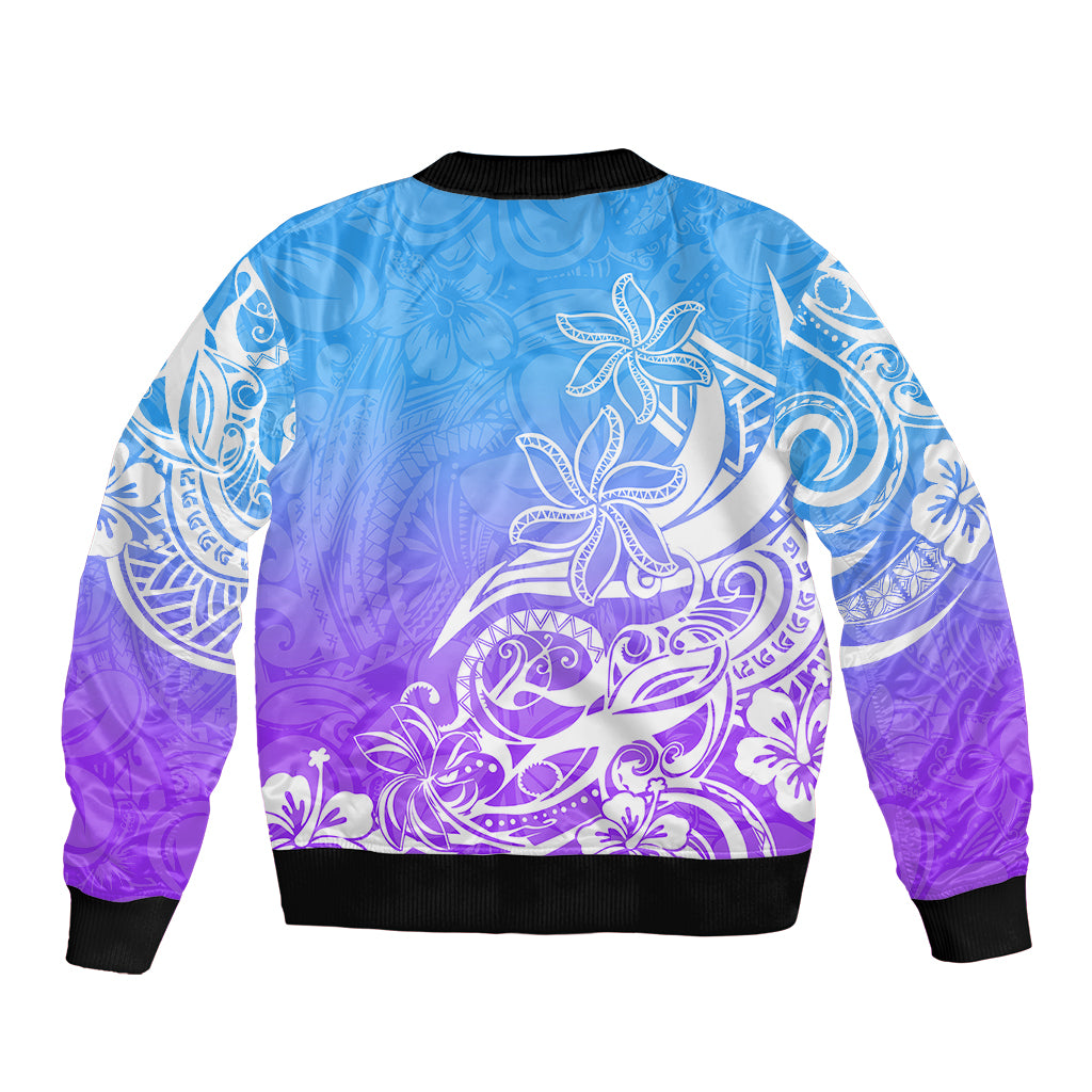 Polynesian Sunset Plumeria Sleeve Zip Bomber Jacket Pacific Island Tribal Blue Style LT9 - Polynesian Pride