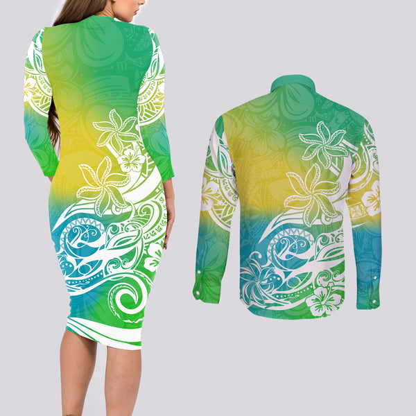 Polynesia Off The Shoulder Long Sleeve Dress Whale Tale and Polynesian Sunset Plumeria Rainbow LT9 main image 1