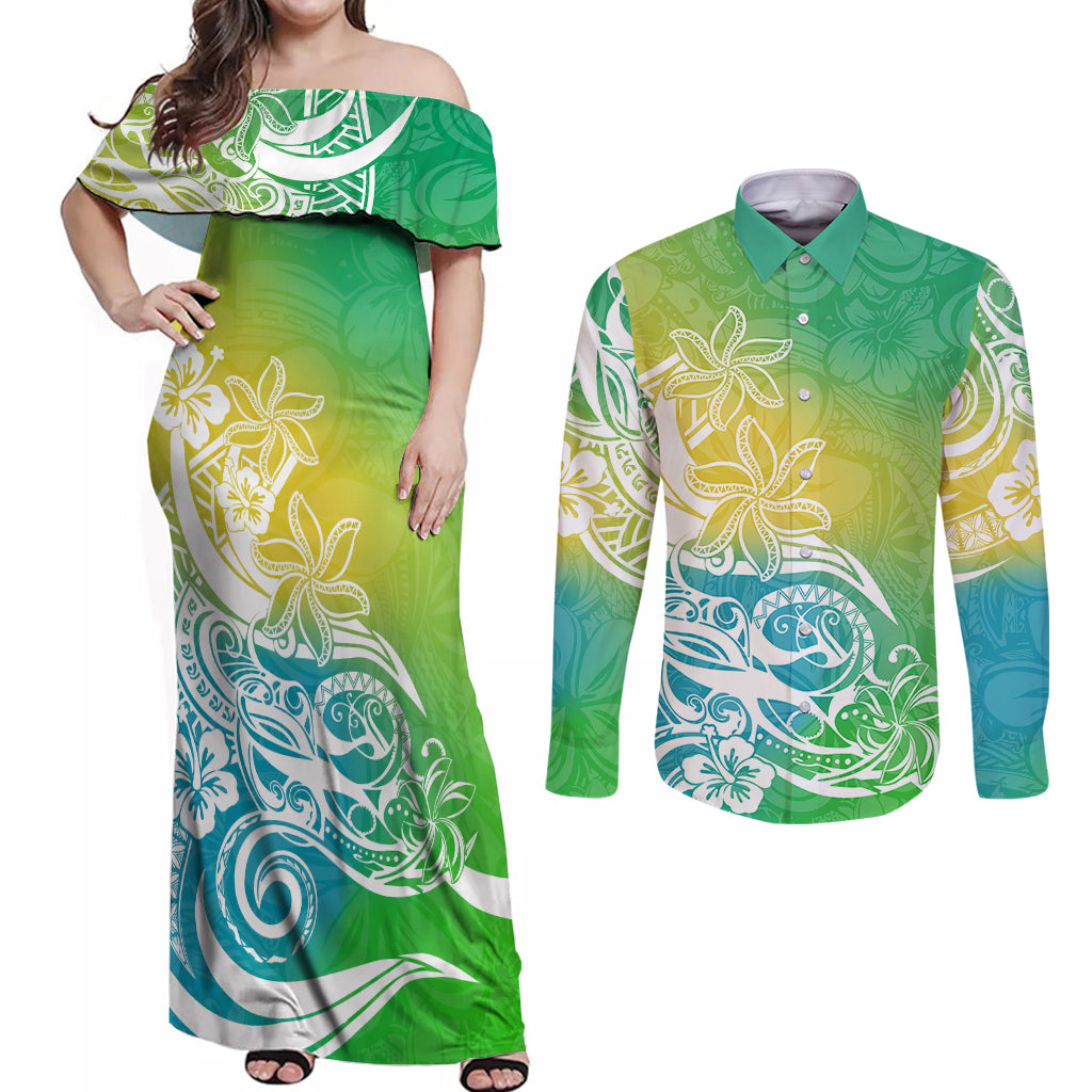 Polynesian Sunset Plumeria Couples Matching Off Shoulder Maxi Dress and Long Sleeve Button Shirts Pacific Island Tribal Green Style LT9 Green - Polynesian Pride