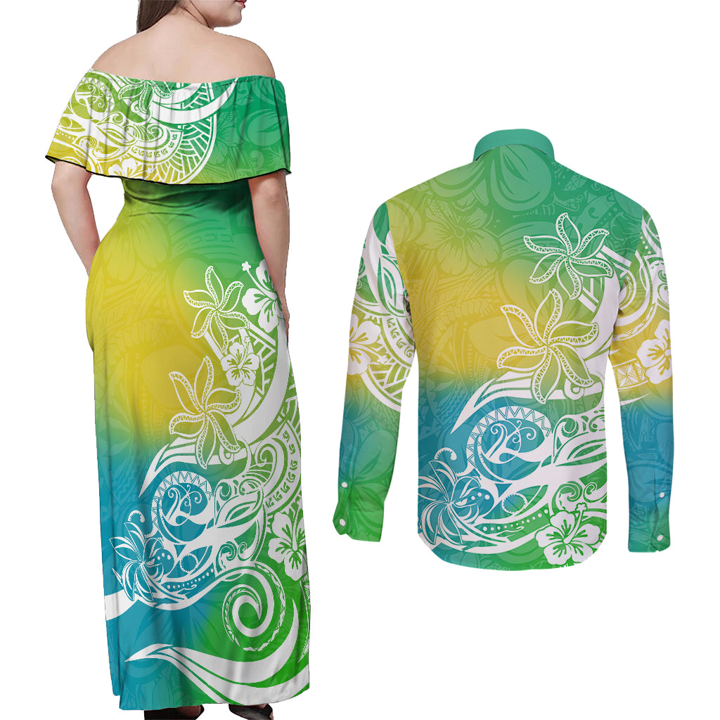 Polynesian Sunset Plumeria Couples Matching Off Shoulder Maxi Dress and Long Sleeve Button Shirts Pacific Island Tribal Green Style LT9 - Polynesian Pride