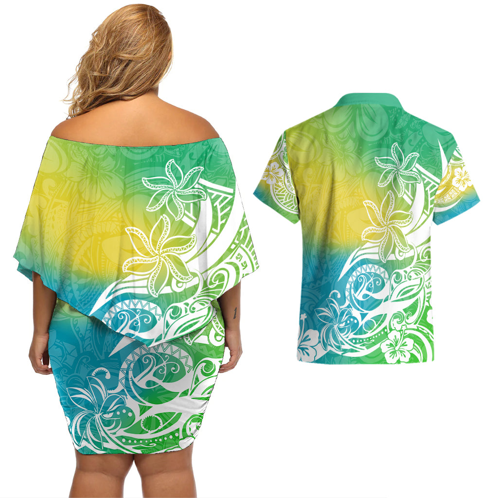 Polynesian Sunset Plumeria Couples Matching Off Shoulder Short Dress and Hawaiian Shirt Pacific Island Tribal Green Style LT9 - Polynesian Pride