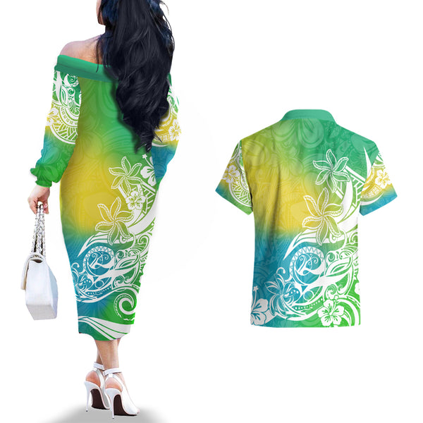 Polynesian Sunset Plumeria Couples Matching Mermaid Dress and Long Sleeve Button Shirts Pacific Island Tribal Green Style LT9
