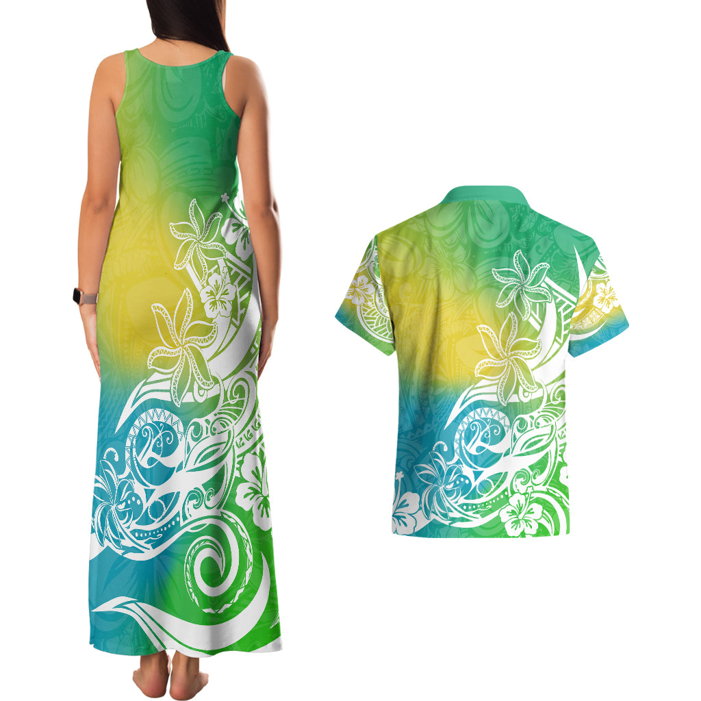 Polynesian Sunset Plumeria Couples Matching Tank Maxi Dress and Hawaiian Shirt Pacific Island Tribal Green Style LT9 - Polynesian Pride