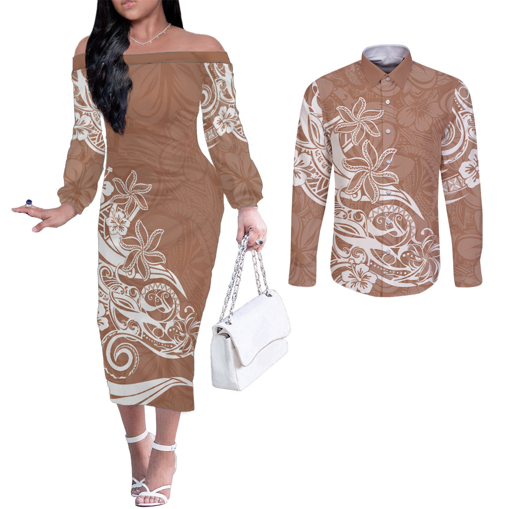 Polynesian Sunset Plumeria Couples Matching Off The Shoulder Long Sleeve Dress and Long Sleeve Button Shirts Pacific Island Tribal Nude Style LT9 Nude - Polynesian Pride