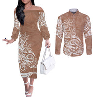 Polynesian Sunset Plumeria Couples Matching Off The Shoulder Long Sleeve Dress and Long Sleeve Button Shirts Pacific Island Tribal Nude Style LT9 Nude - Polynesian Pride
